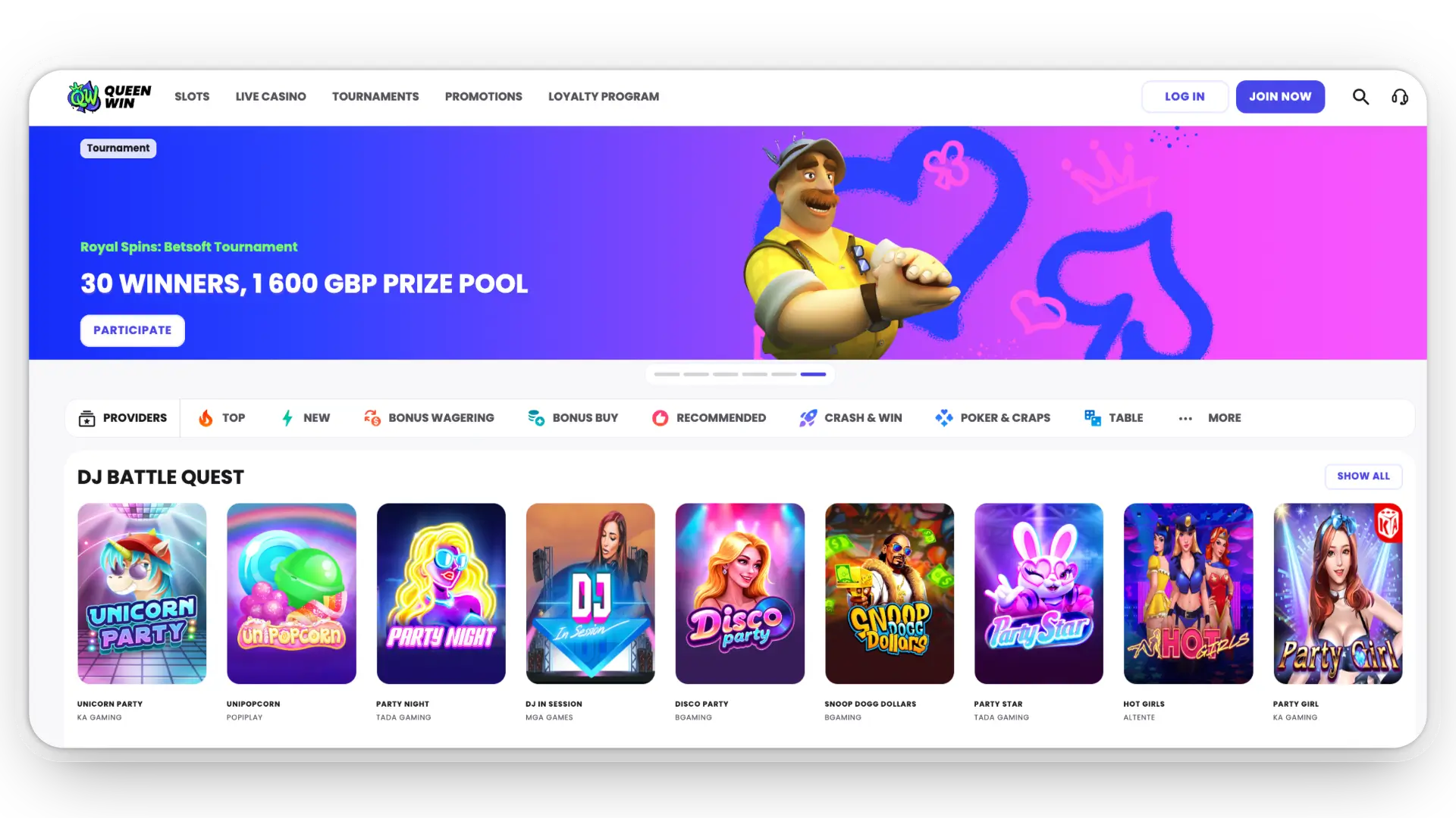 Main screen Queen Win Online Casino Interfase