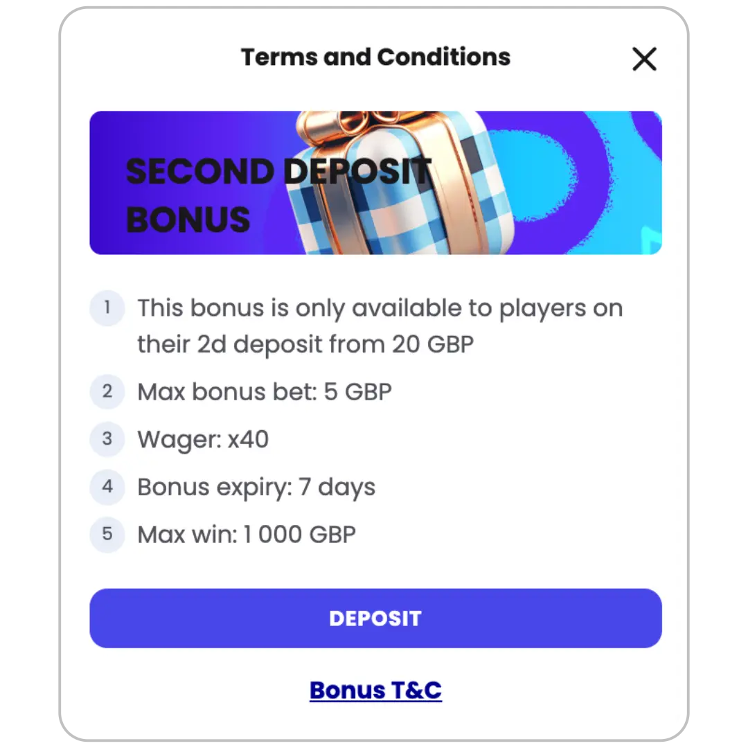 Second deposit bonus terms image 